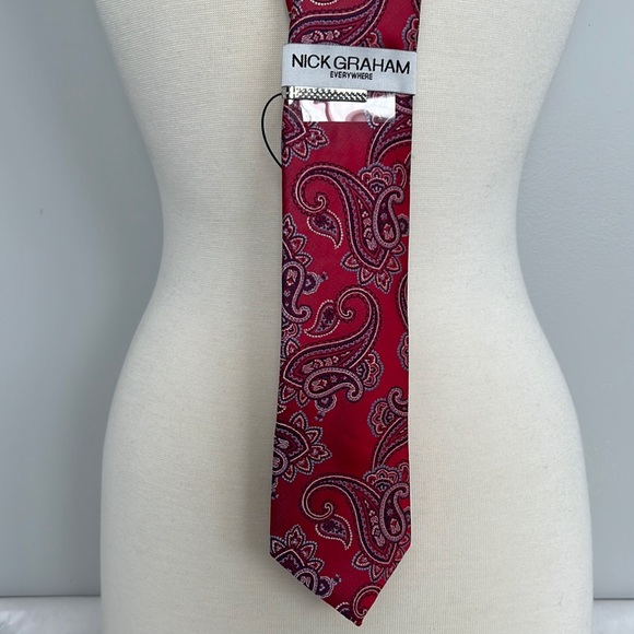 Necktie & Clip Set Nick Graham Handmade Mens Red Blue Paisley Neck Tie - Picture 5 of 11